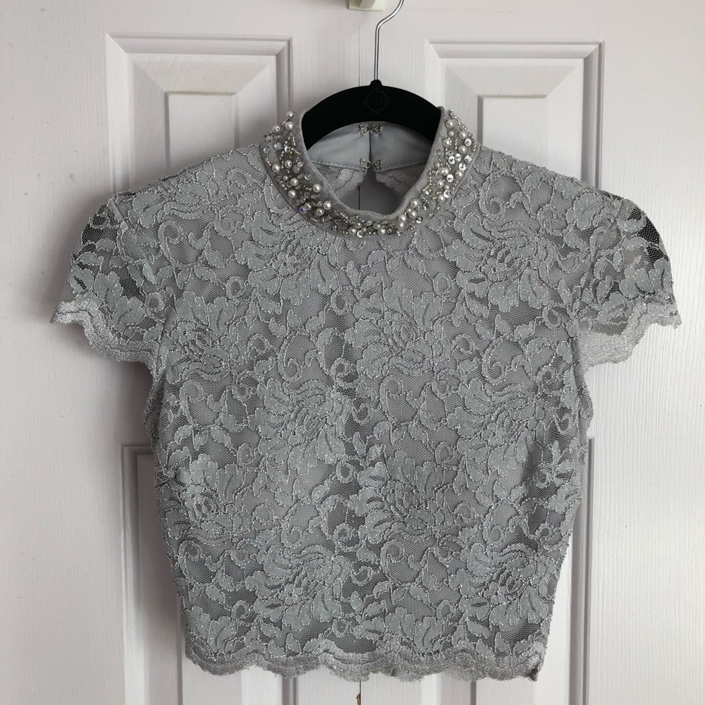 Gray Sliver Lace Dress Top